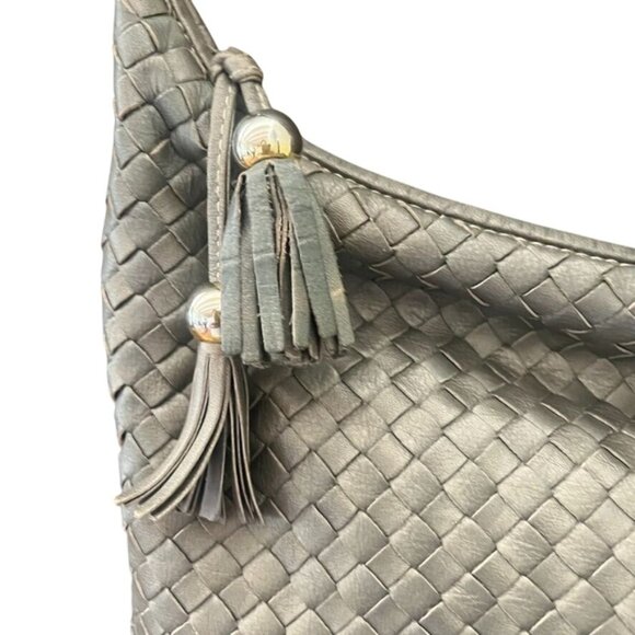 Ganson Metallic Pewter Gray Woven Leather Crossbody Bag With Tassels - Picture 6 of 6